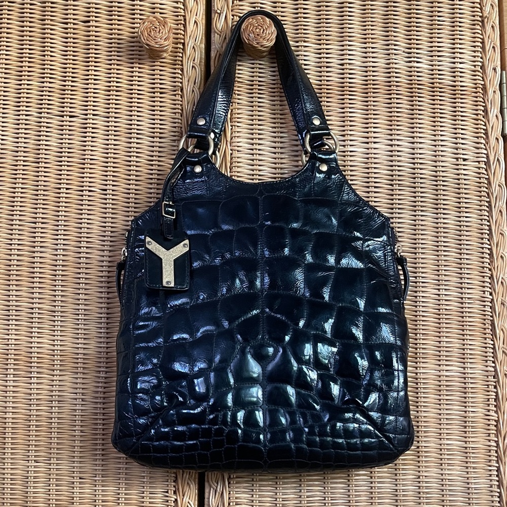 YSL Metropolis Tribute Tote Black Croc Patent Leather